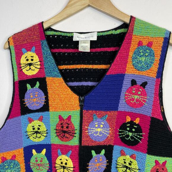 Vintage Y2K Susan Bristol Rainbow Cat Cats Crochet Embroidered Sweater Vest 2X - Picture 3 of 12